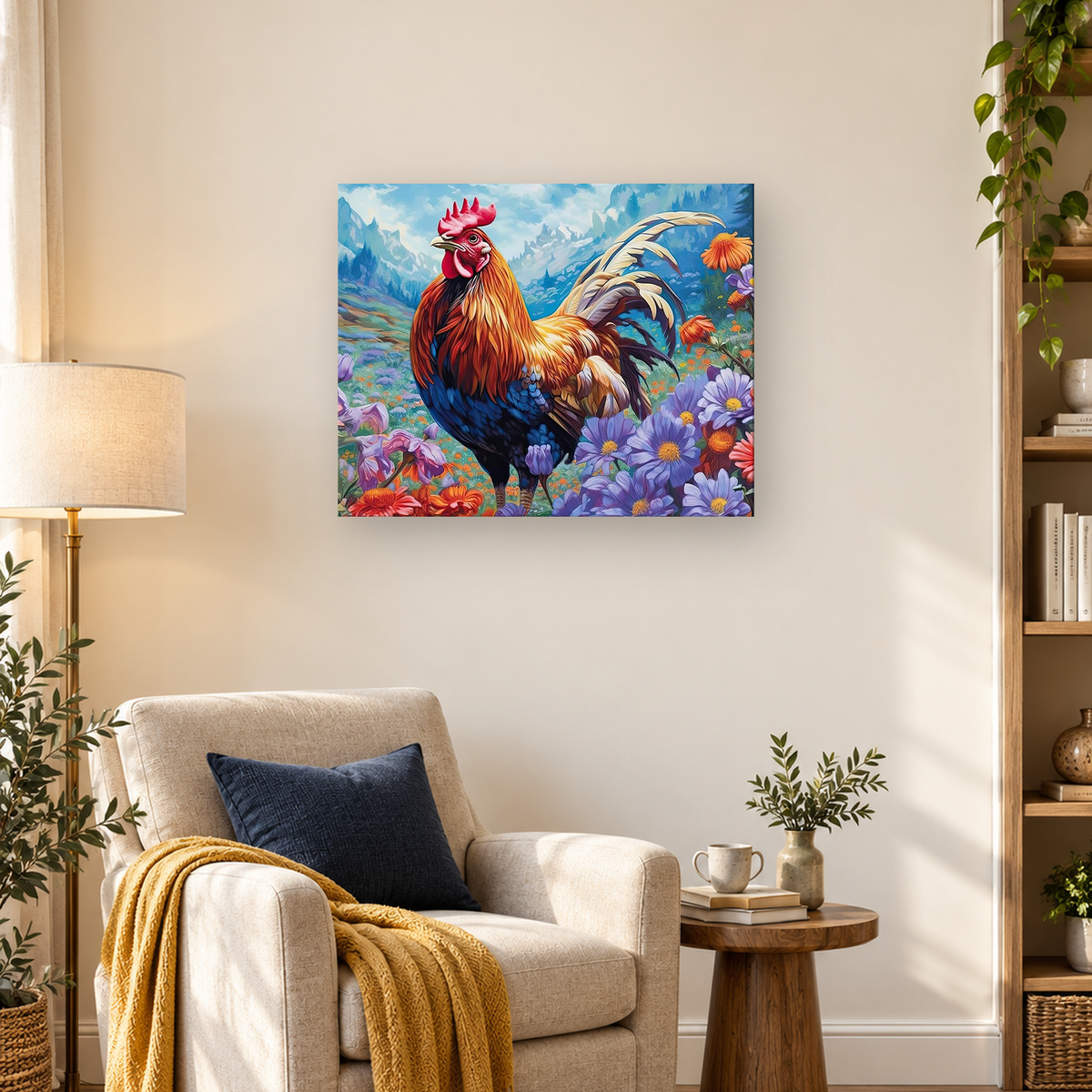 Colorful rooster surrounded by wildflowers in an alpine meadow with blue mountains behind — 03_lifestyle_hero