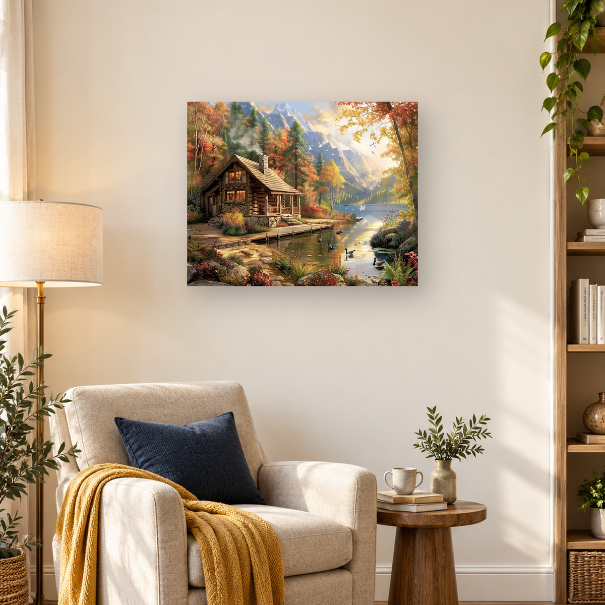 Rustic log cabin beside an autumn lake with waterfowl and snow-capped mountains — 03_lifestyle_hero