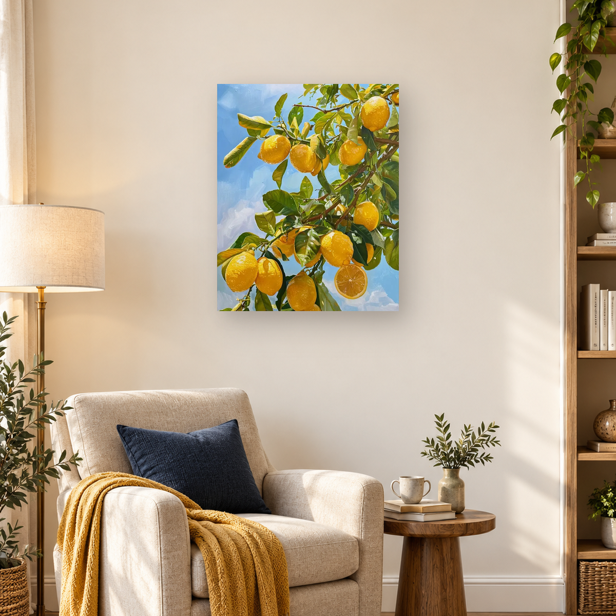 Painterly citrus tree laden with ripe oranges, green leaves, and a sliced fruit against blue sky — 03_lifestyle_hero