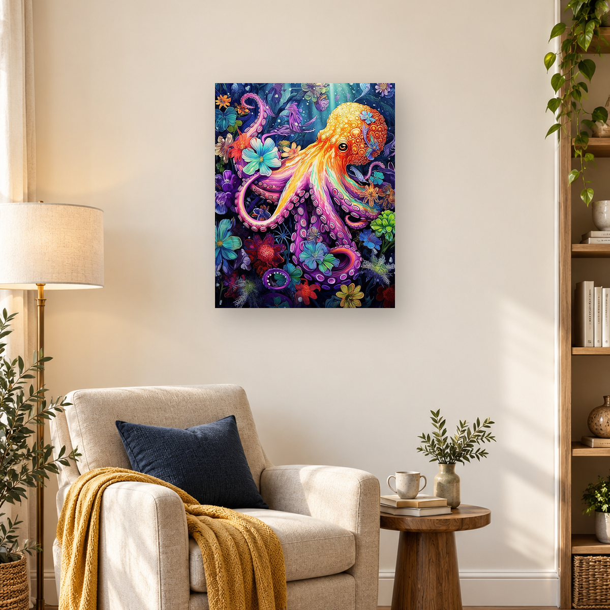 Colorful orange and purple octopus surrounded by bright underwater flowers and dark foliage — 03_lifestyle_hero