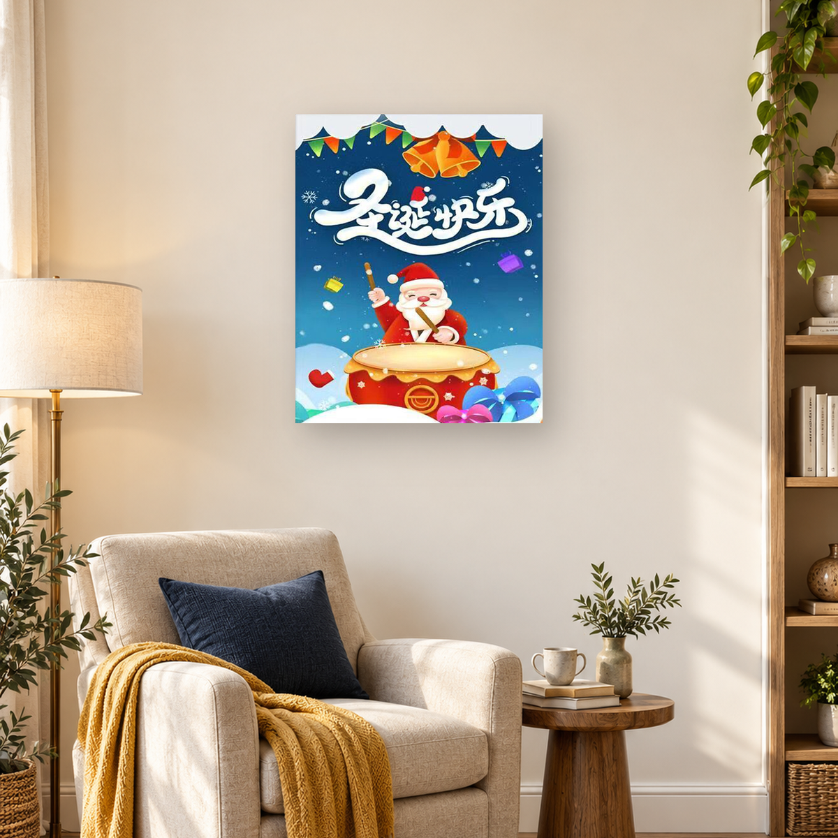 Cartoon Santa plays a large red and gold drum beneath bells, flags, calligraphy, and falling snow. — 03_lifestyle_hero