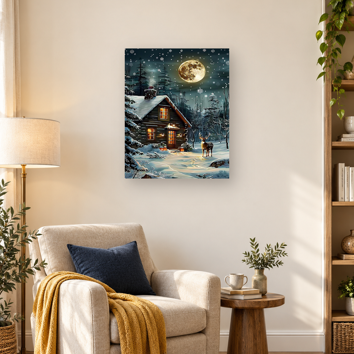 Snow-covered cabin glowing beneath a full moon as a deer stands on a forest path