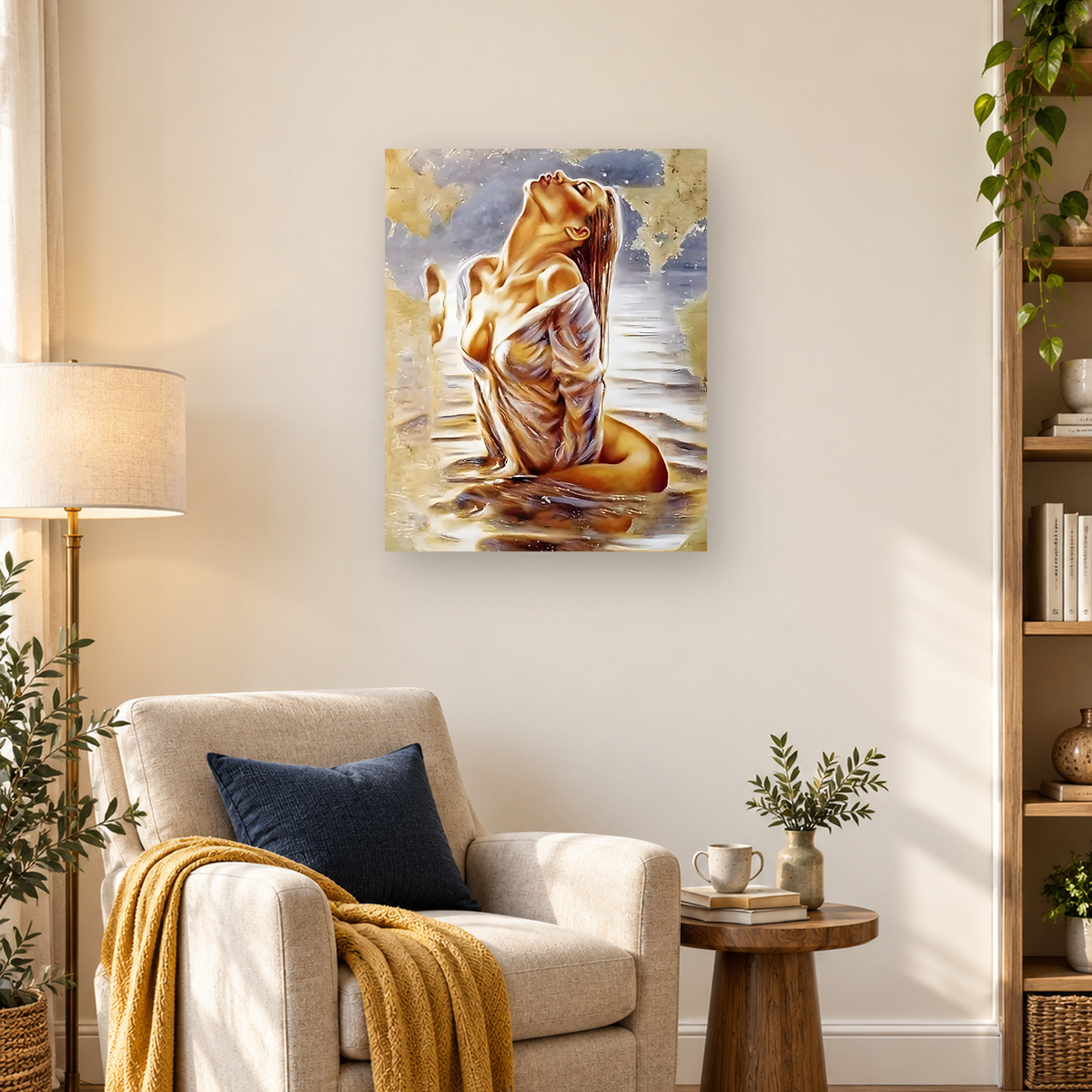 Painterly seated woman with tilted head, long brown hair, gold hoop earring, and draped pale fabric — 03_lifestyle_hero