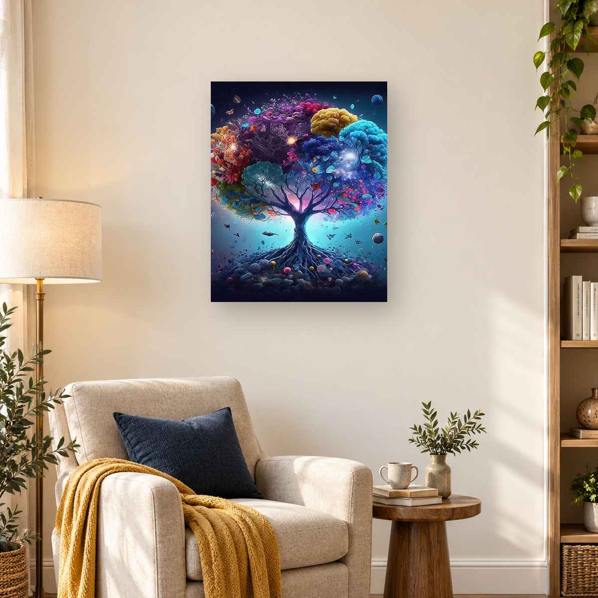 Luminous multicolored underwater tree with coral-like branches, exposed roots, fish silhouettes, and glowing particles. — 03_lifestyle_hero