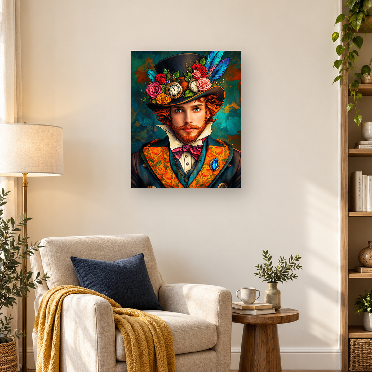 Red-haired bearded man wearing a rose-covered top hat with feathers and pocket watches — 03_lifestyle_hero