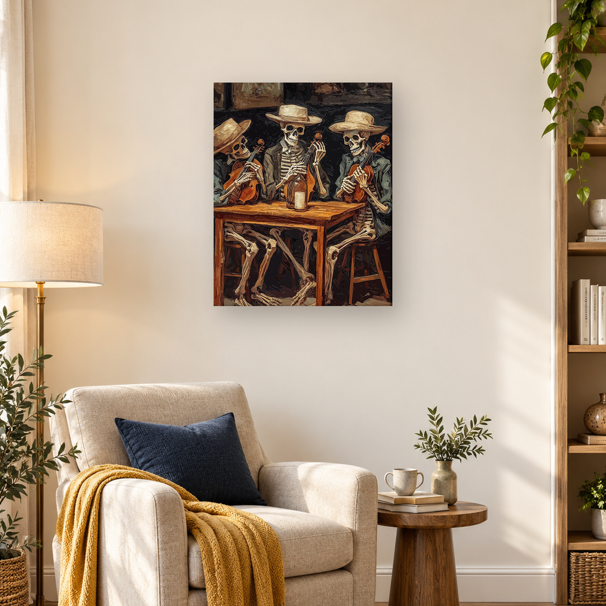 Three cowboy-hatted skeletons play bowed string instruments around a wooden table. — 03_lifestyle_hero