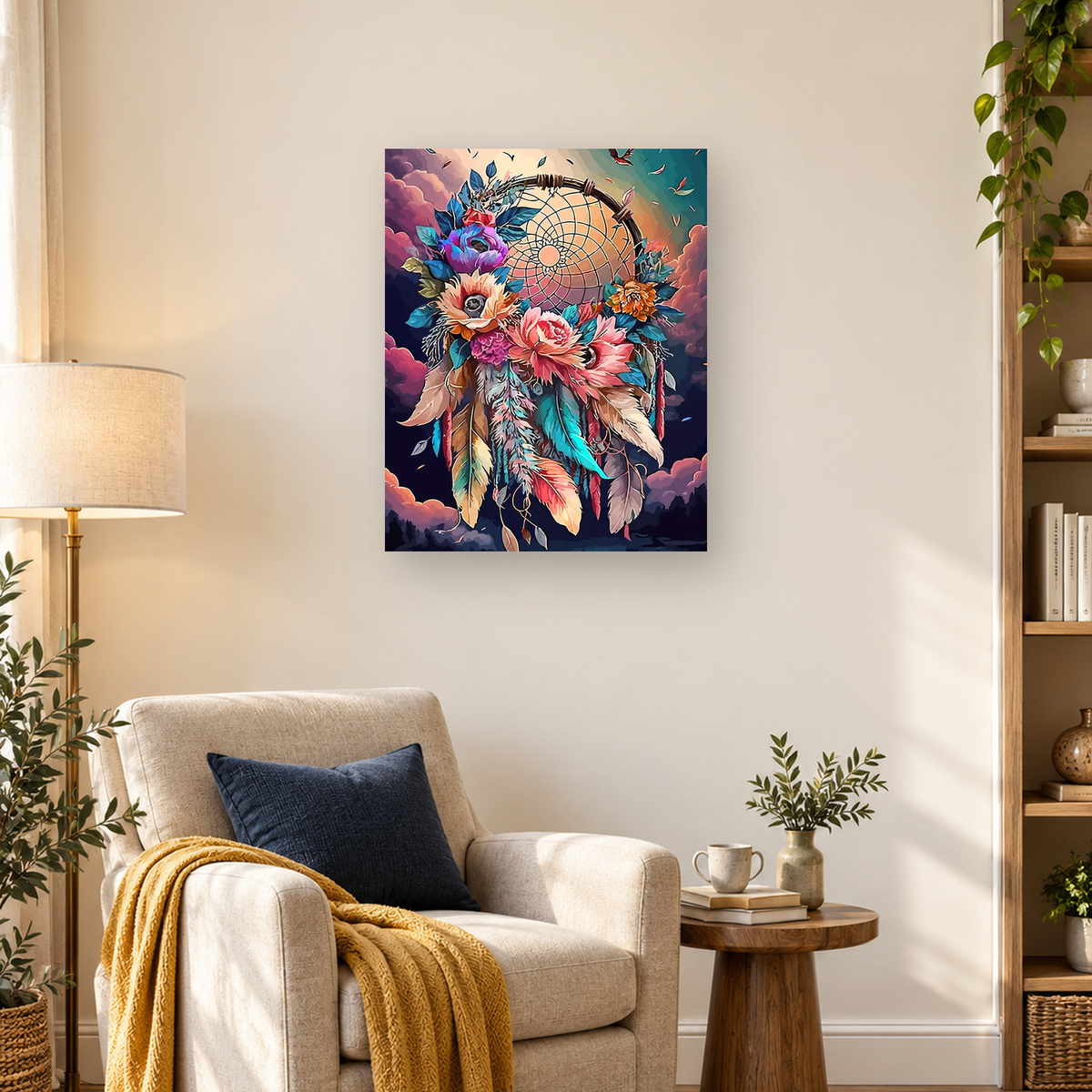 Colorful floral dreamcatcher with hanging feathers, birds, flowers, leaves, and clouds — 03_lifestyle_hero