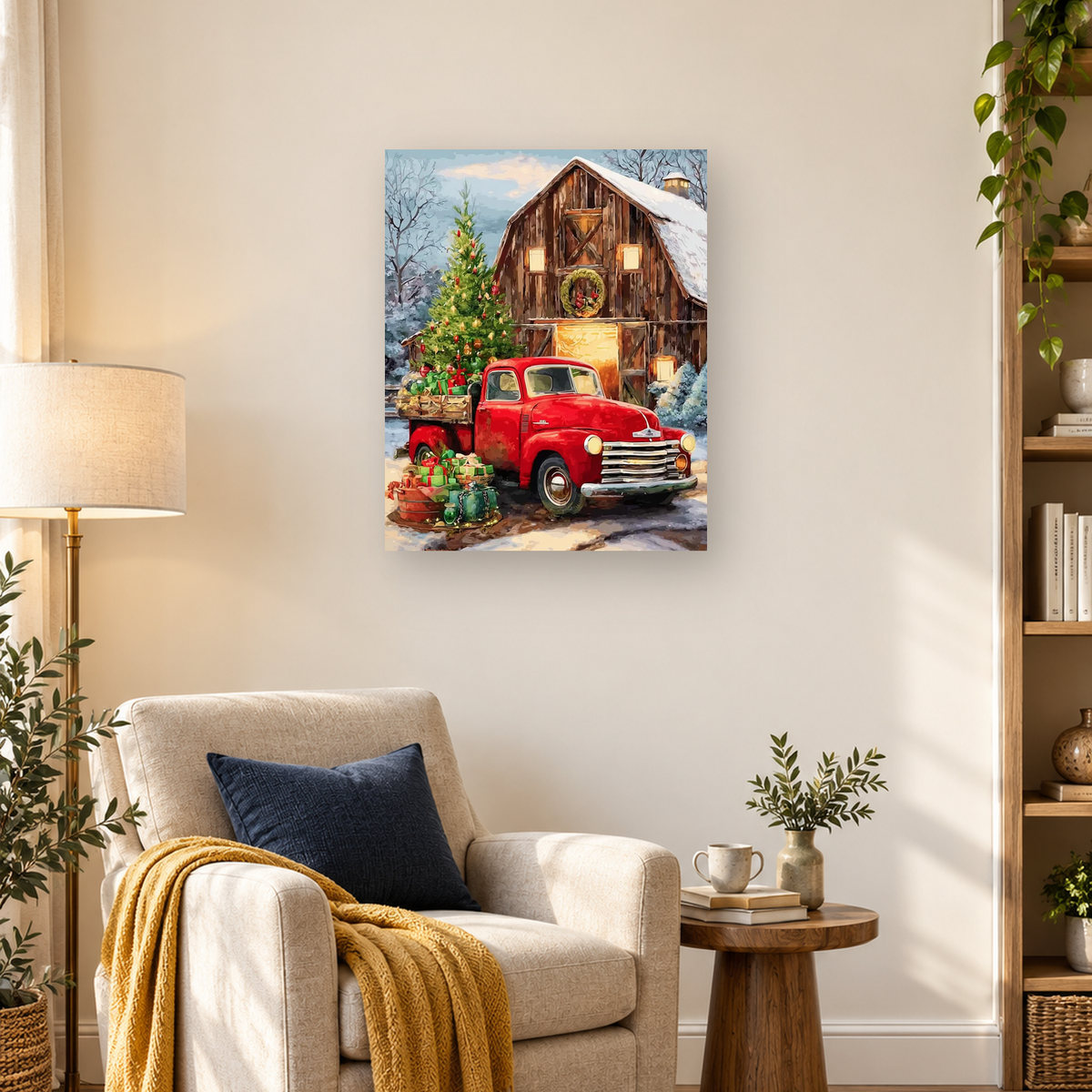 Red vintage pickup loaded with Christmas gifts beside a snowy barn and decorated tree