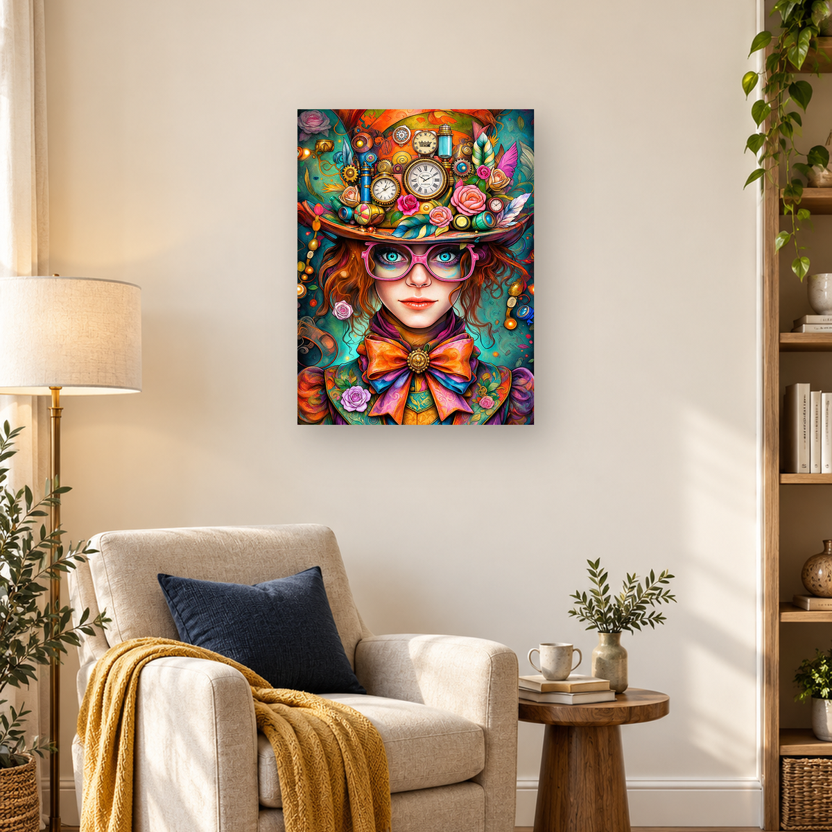 Steampunk woman with pink glasses and a clockwork hat surrounded by roses, gears, feathers, and a large bow. — 03_lifestyle_hero