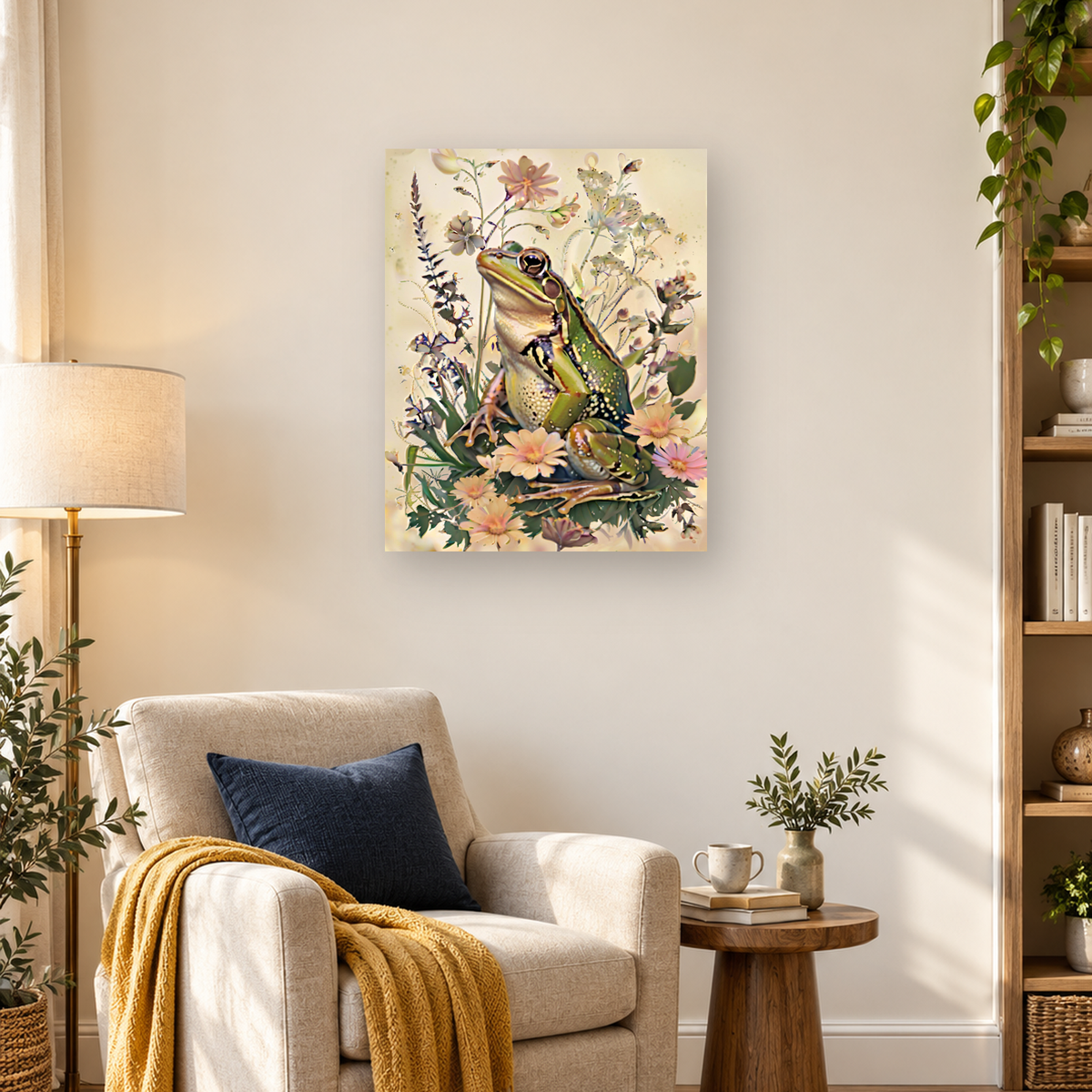 Green frogs surrounded by pink flowers, green leaves, flowering stems, and a small butterfly — 03_lifestyle_hero