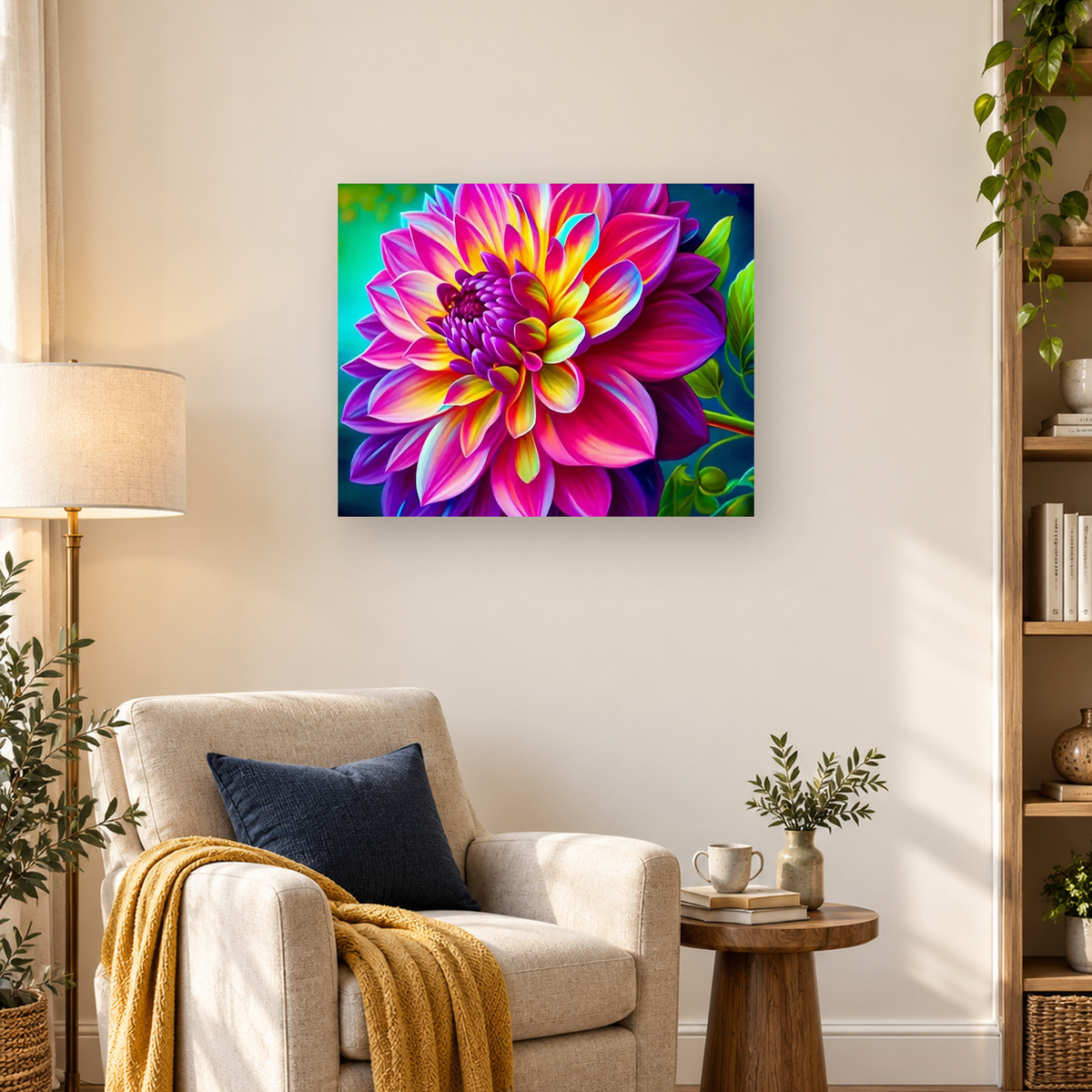 Vivid multicolored flower with layered petals, green foliage, and a deep blue background — 03_lifestyle_hero