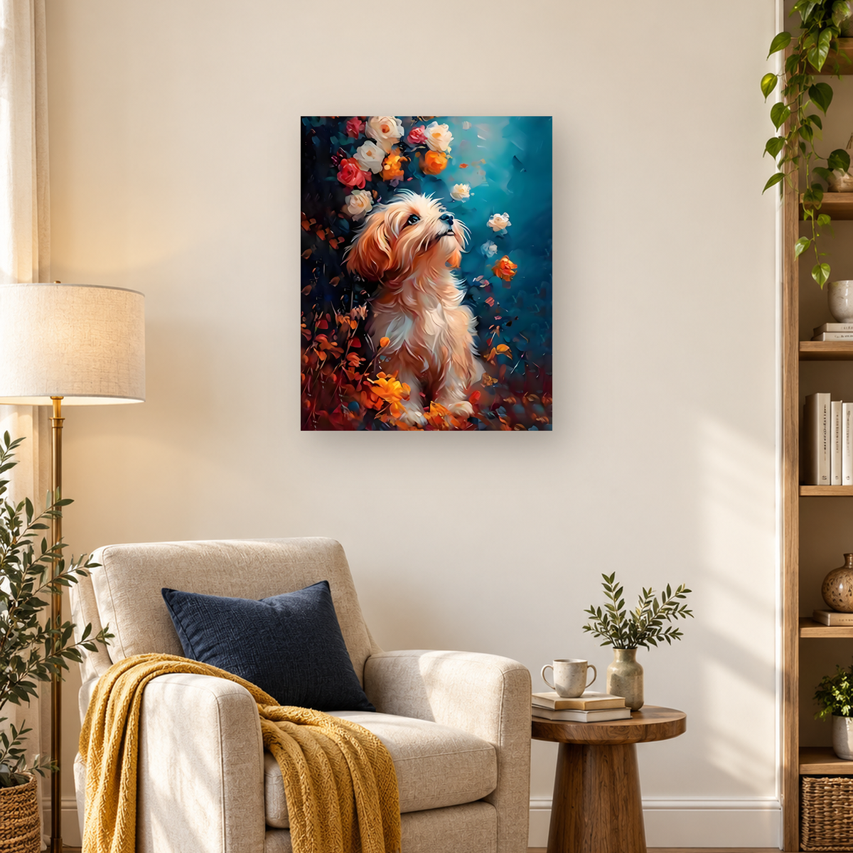 Long-haired cream-and-peach dog surrounded by colorful flowers on a deep teal background — 03_lifestyle_hero