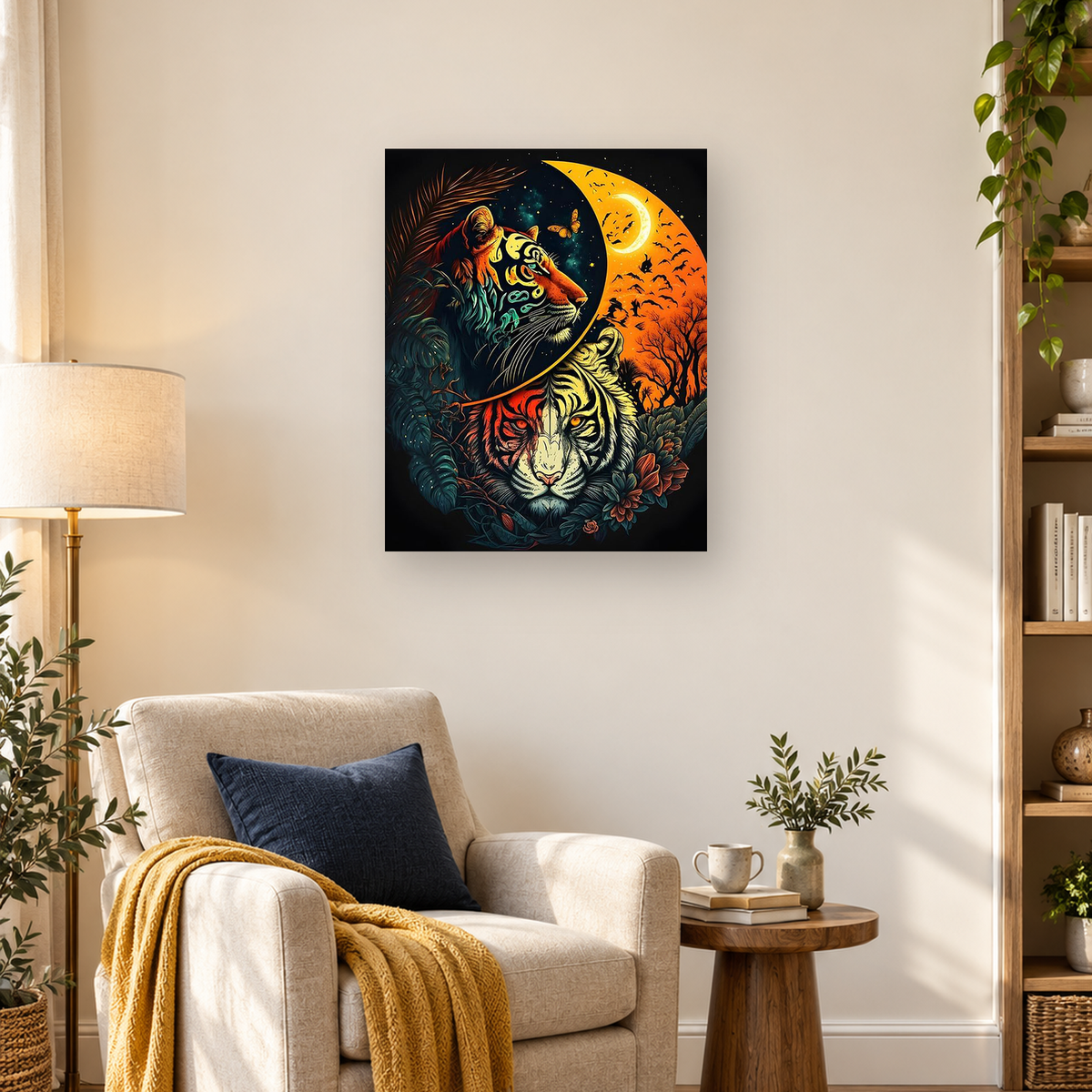 Two stylized tigers framed by foliage beneath an orange crescent moon with bats and stars — 03_lifestyle_hero