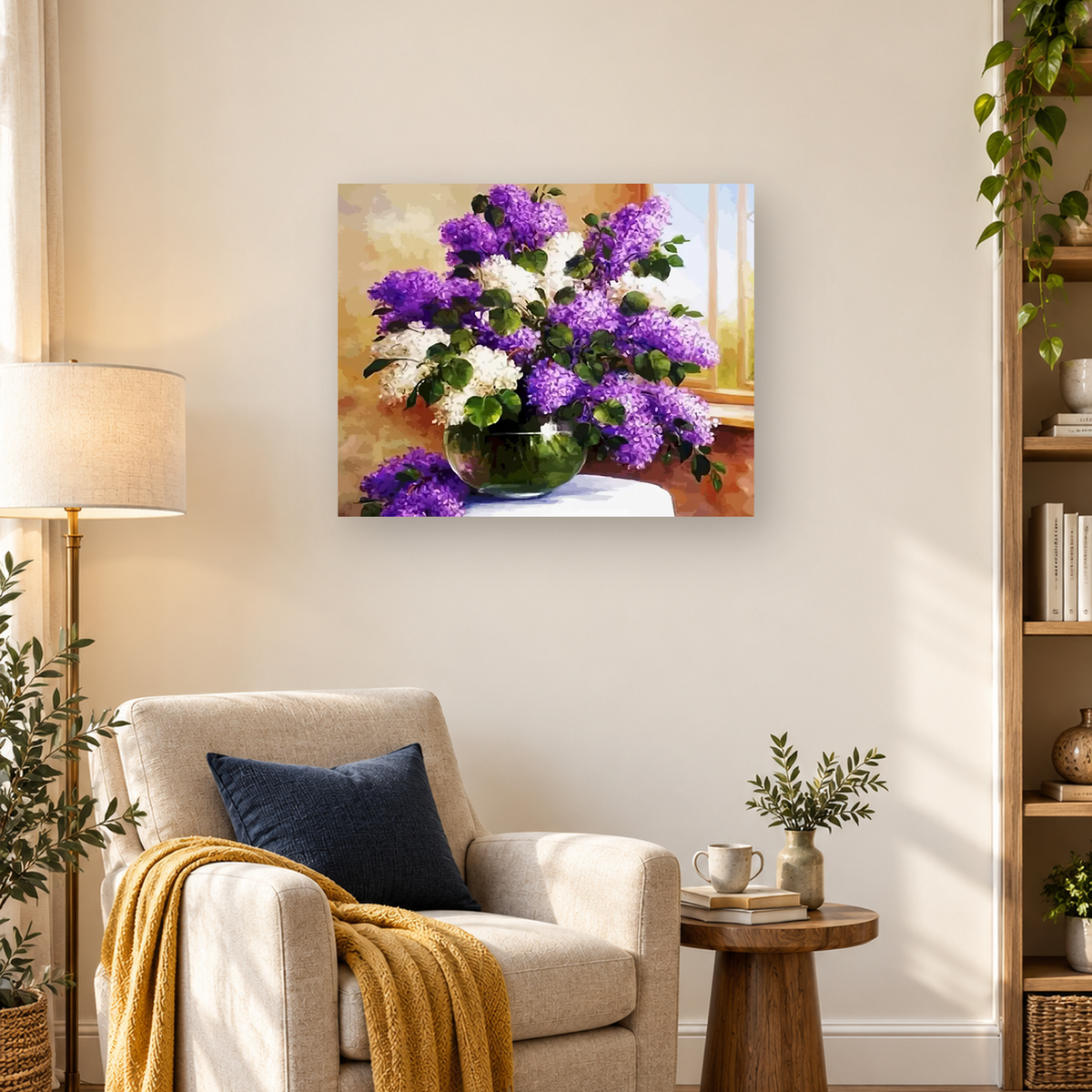 Painterly purple and white lilac bouquet in a rounded glass vase beside a window. — 03_lifestyle_hero