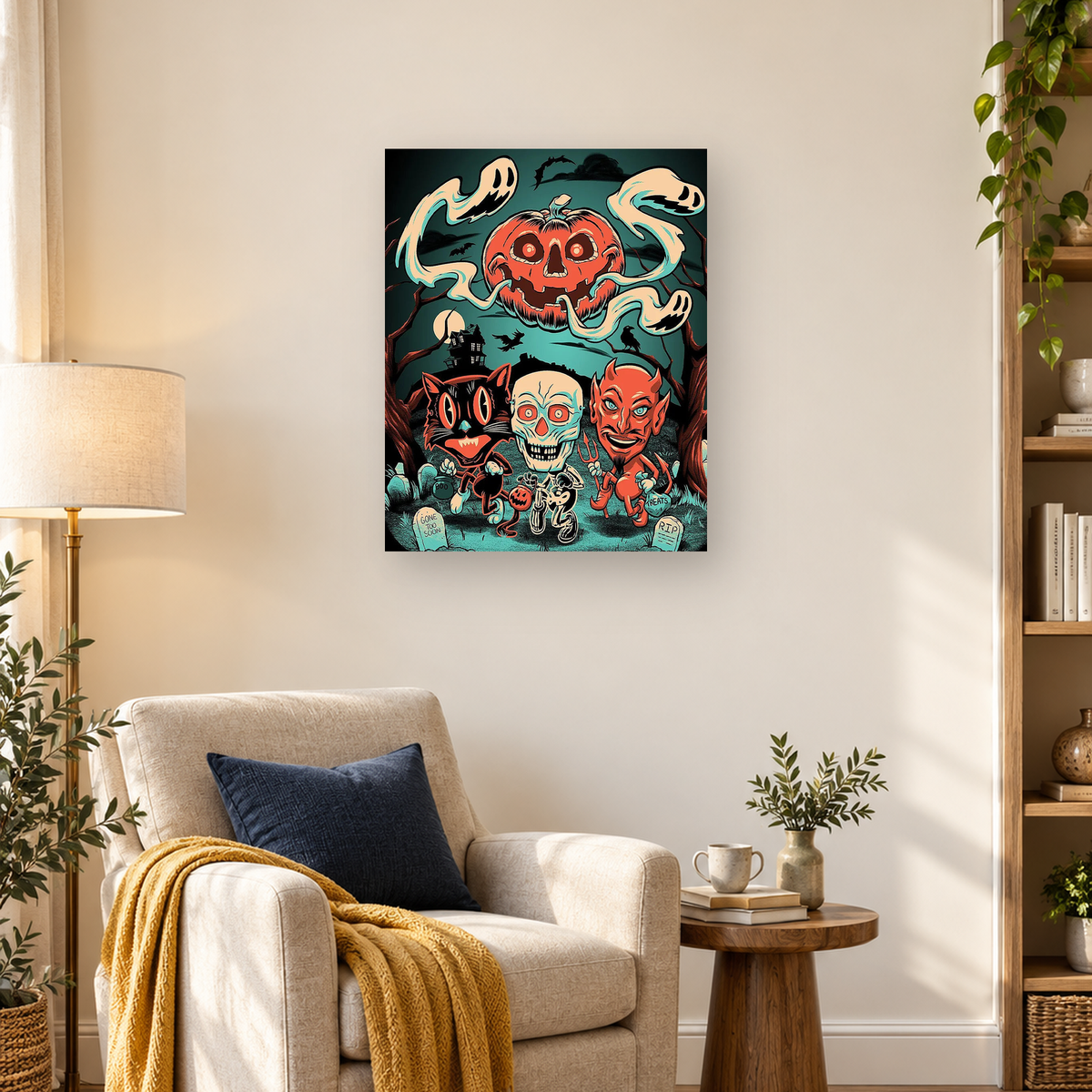 Cartoon Halloween scene with a glowing pumpkin, ghosts, black cat, skeleton, devil, bats, and haunted house — 03_lifestyle_hero