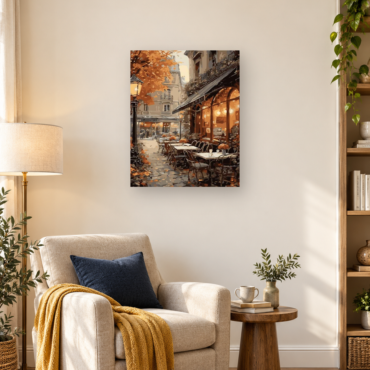 Painterly autumn city street with glowing cafe windows, outdoor tables, dark chairs, and orange foliage. — 03_lifestyle_hero