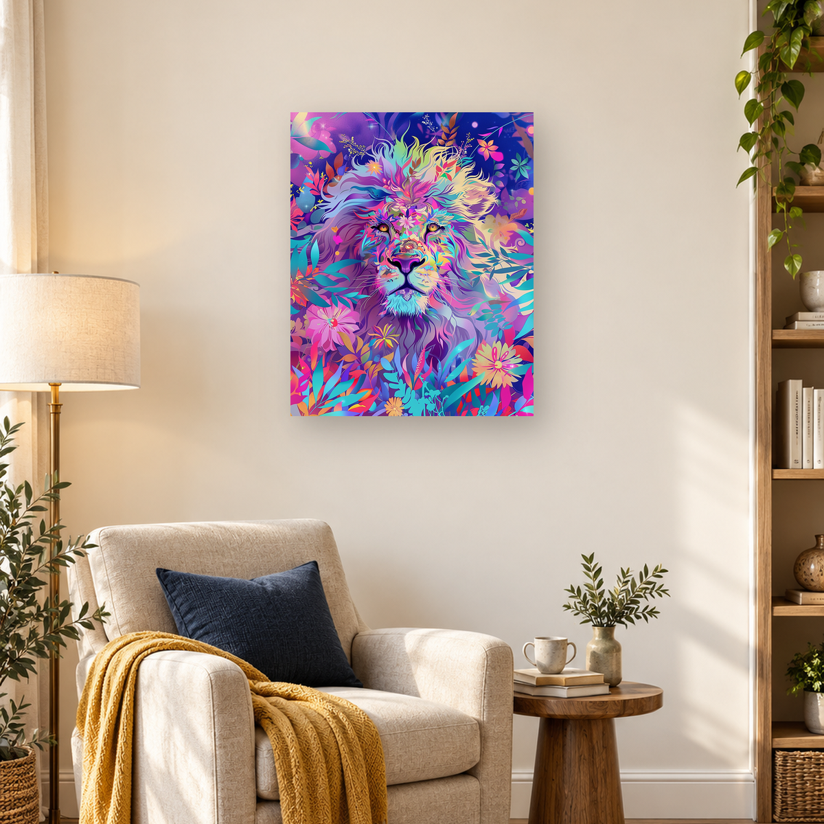 Vivid frontal lion portrait with a multicolored mane surrounded by flowers and teal and purple foliage. — 03_lifestyle_hero