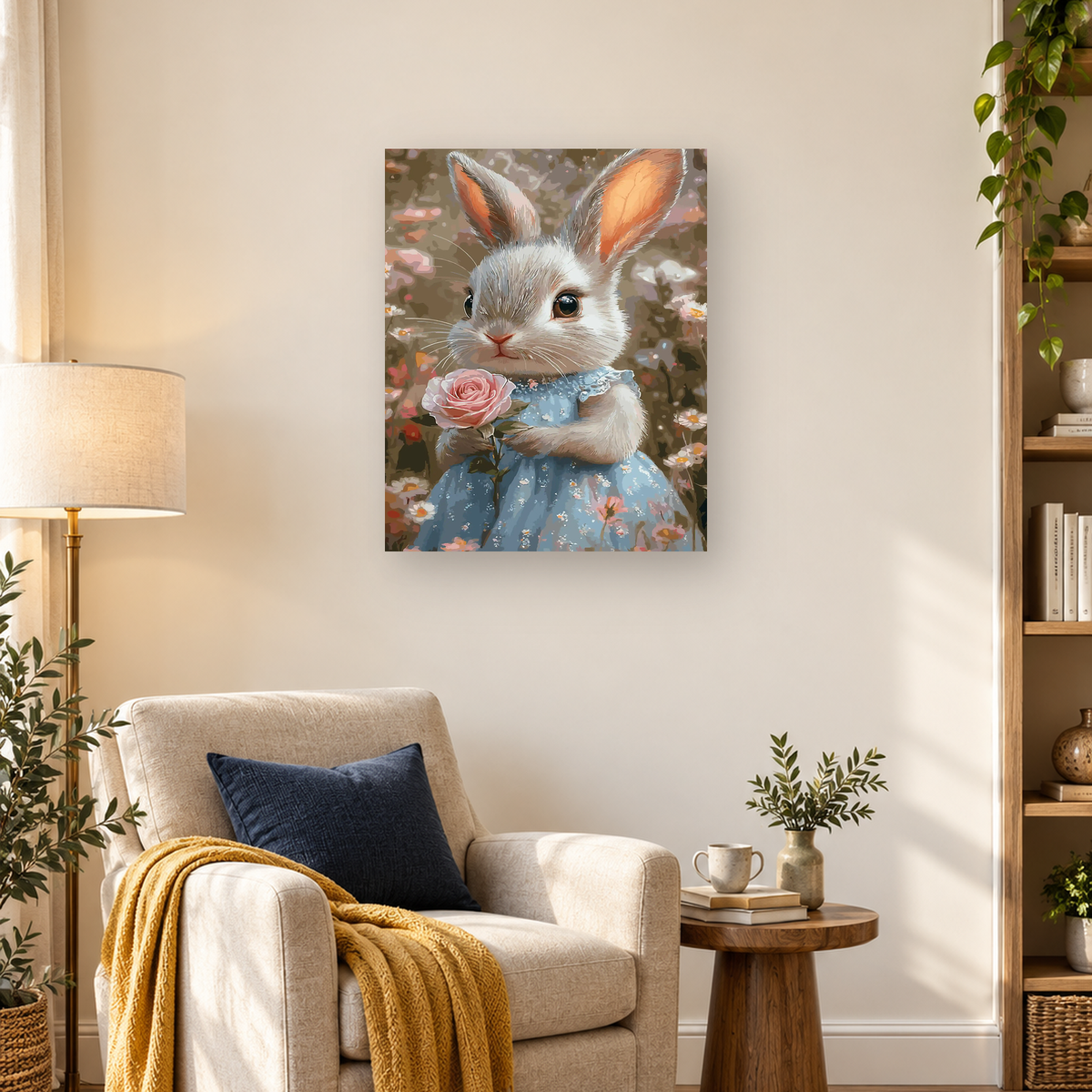 Gray-and-white rabbit in a blue floral dress holding a pink rose — 03_lifestyle_hero