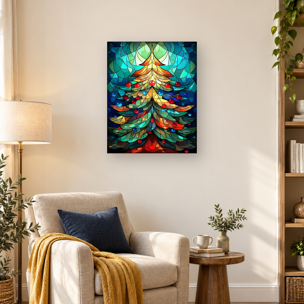 Symmetrical stained-glass Christmas tree decorated with red and blue baubles on a deep teal background.