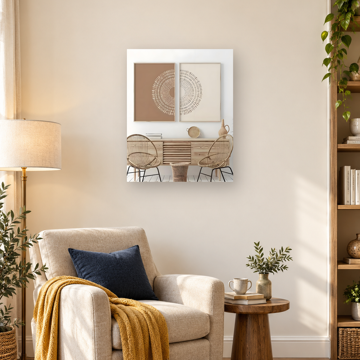 Abstract geometric wall art with concentric dashed arcs above a wooden sideboard and woven chairs — 03_lifestyle_hero