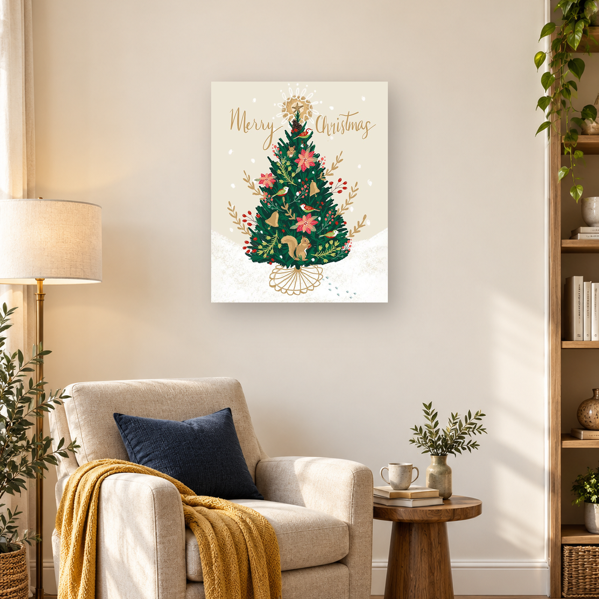 Decorated Christmas tree with birds, squirrels, poinsettias, berries, bells, and Merry Christmas lettering — 03_lifestyle_hero