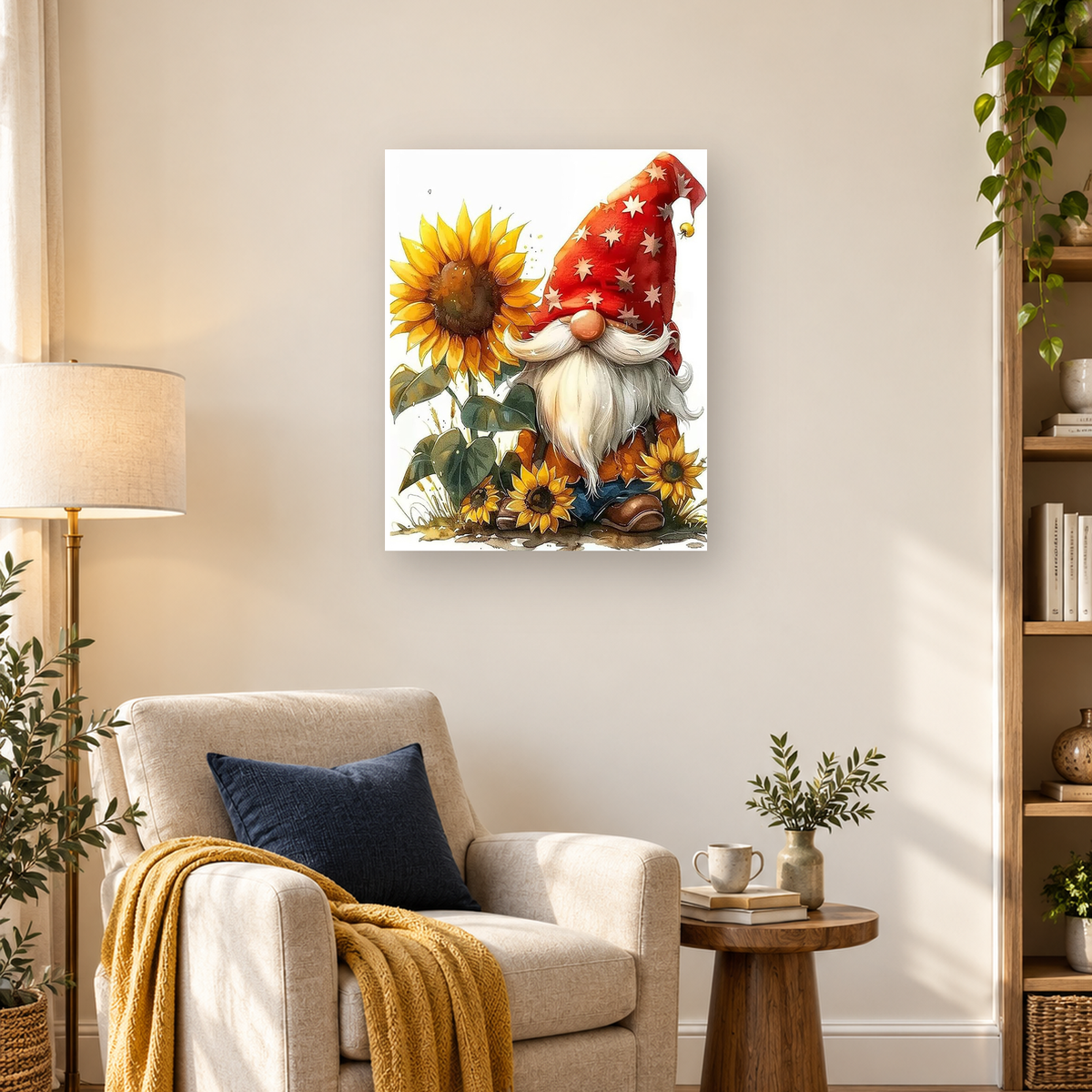 MalaMind Gallery V3 | 03 Lifestyle Hero | FA-260921-066 | Bearded garden gnome in a red star-patterned hat surrounded by golden sunflowers and green leaves.