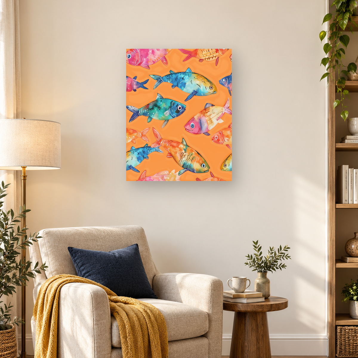 Colorful watercolor-style fish arranged in a repeating pattern on a bright orange background — 03_lifestyle_hero