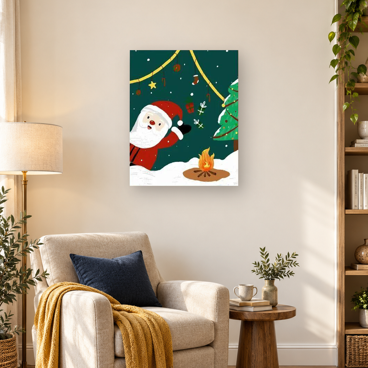 Cartoon Santa beside a decorated Christmas tree and campfire in a snowy Christmas scene — 03_lifestyle_hero