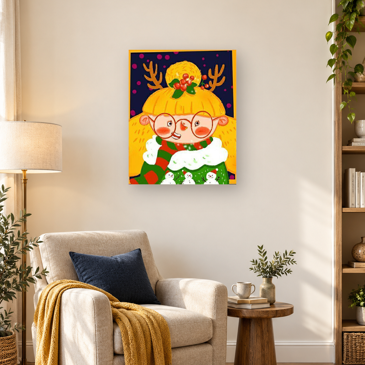 Cartoon Christmas elf with oversized glasses, antlered yellow hat, holly, scarf, and snowman sweater — 03_lifestyle_hero