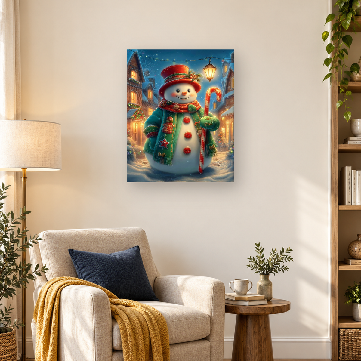 Smiling snowman in a red hat and green coat holds a candy cane in a glowing snowy village.