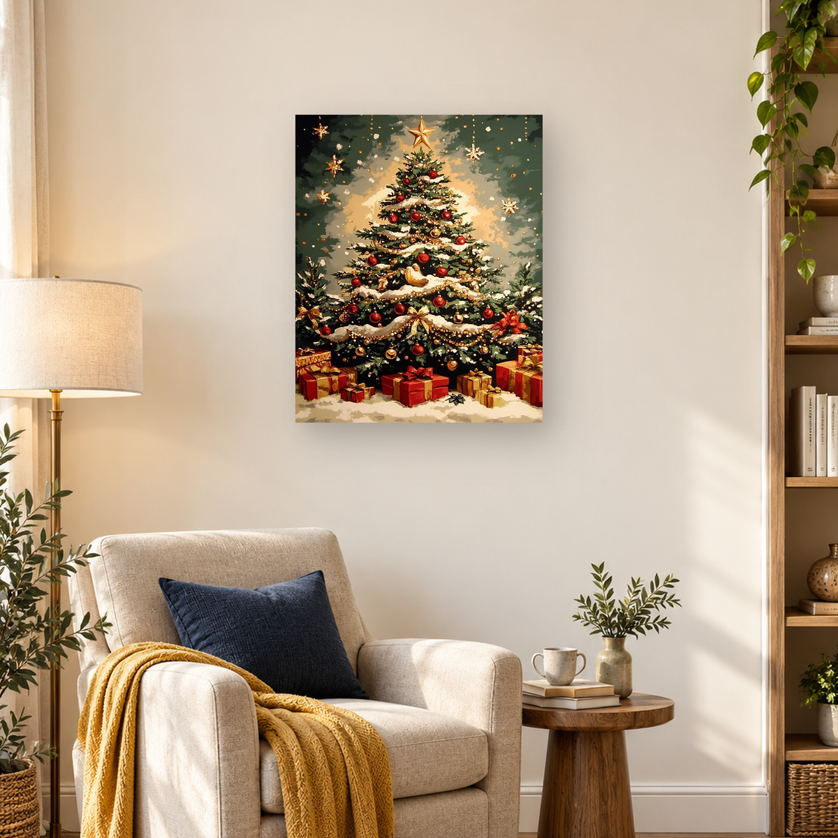 Painterly Christmas tree with a gold star, red ornaments, snowy branches, and wrapped gifts