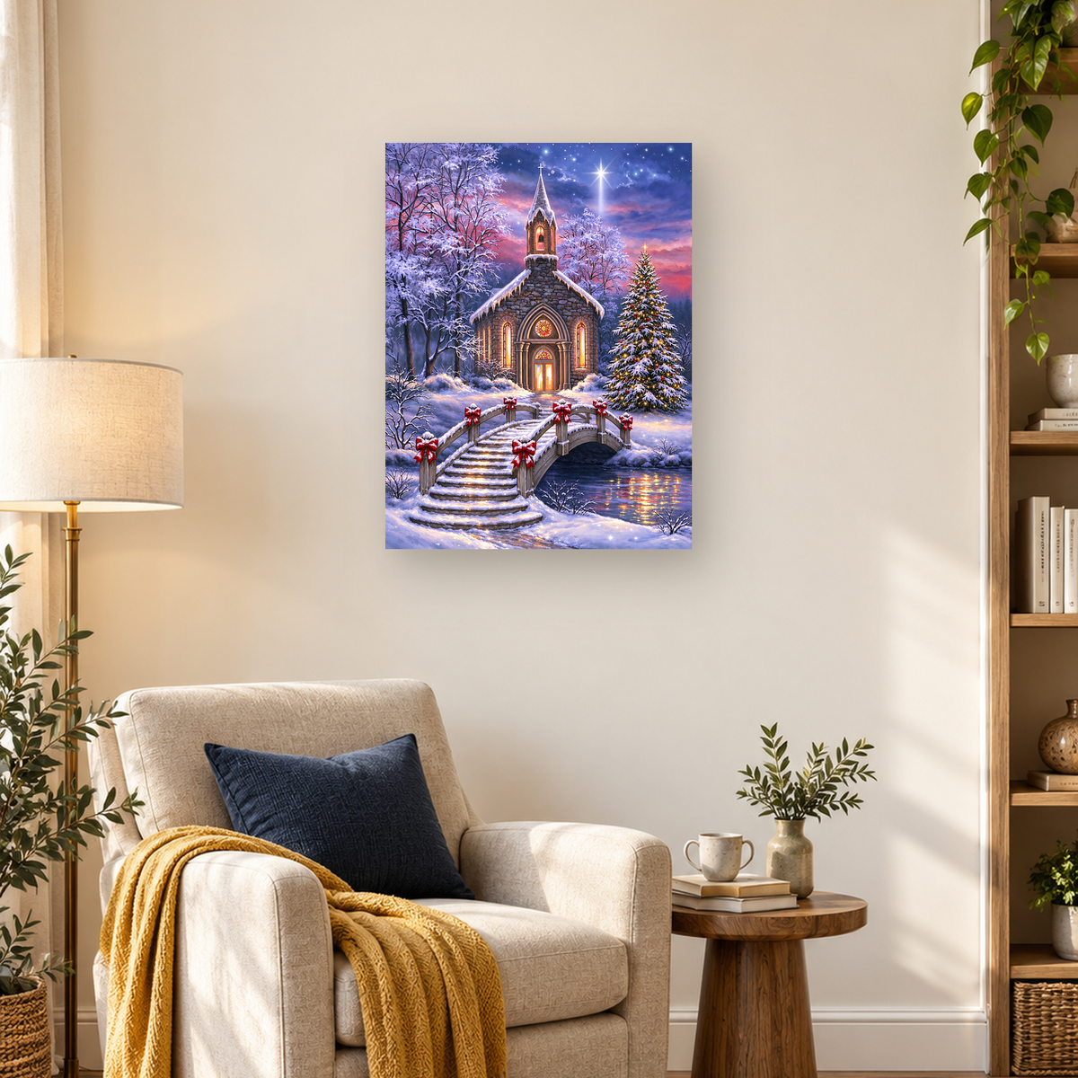 Snow-covered Christmas chapel with glowing windows, decorated tree, red-bowed bridge, and reflective stream — 03_lifestyle_hero