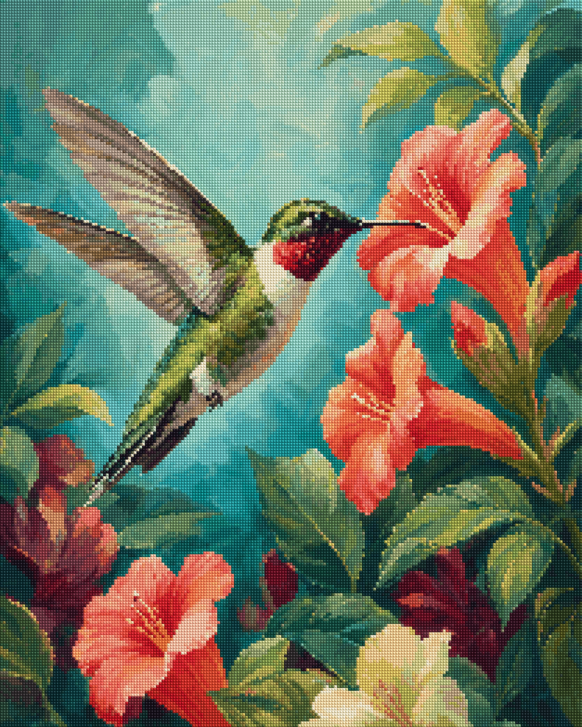 Ruby Hummingbird and Coral Trumpets diamond painting effect