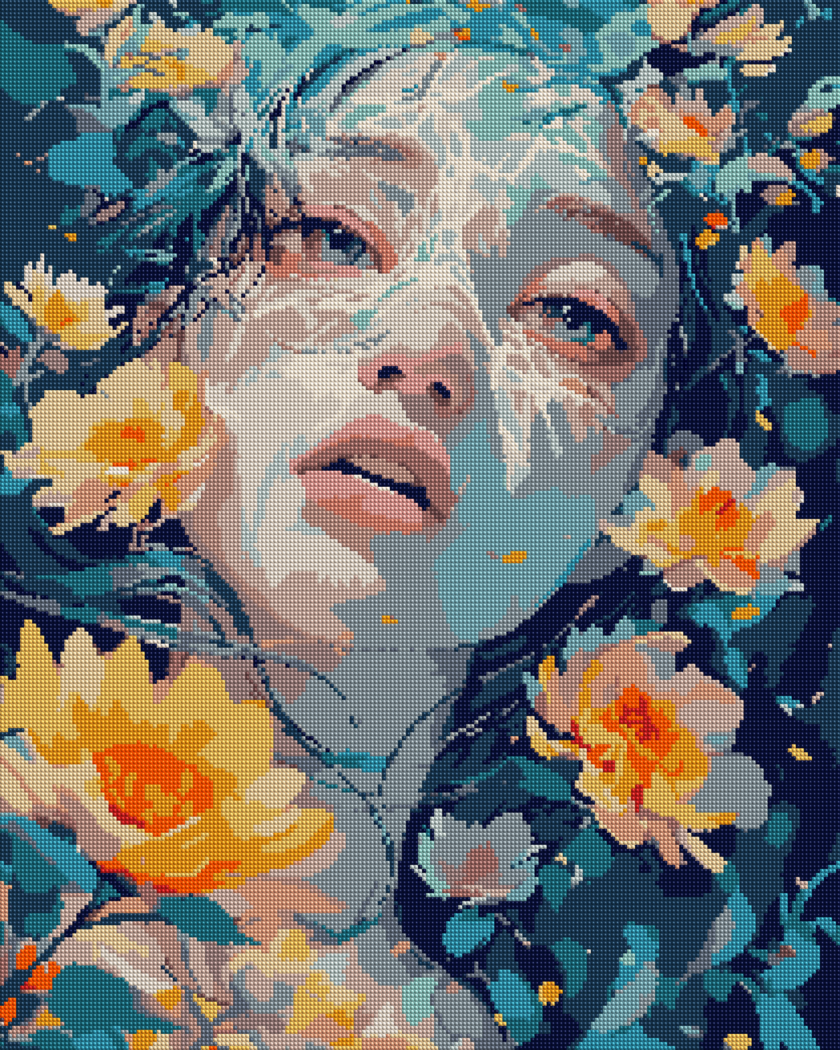 Floral Portrait in Teal and Coral diamond painting effect