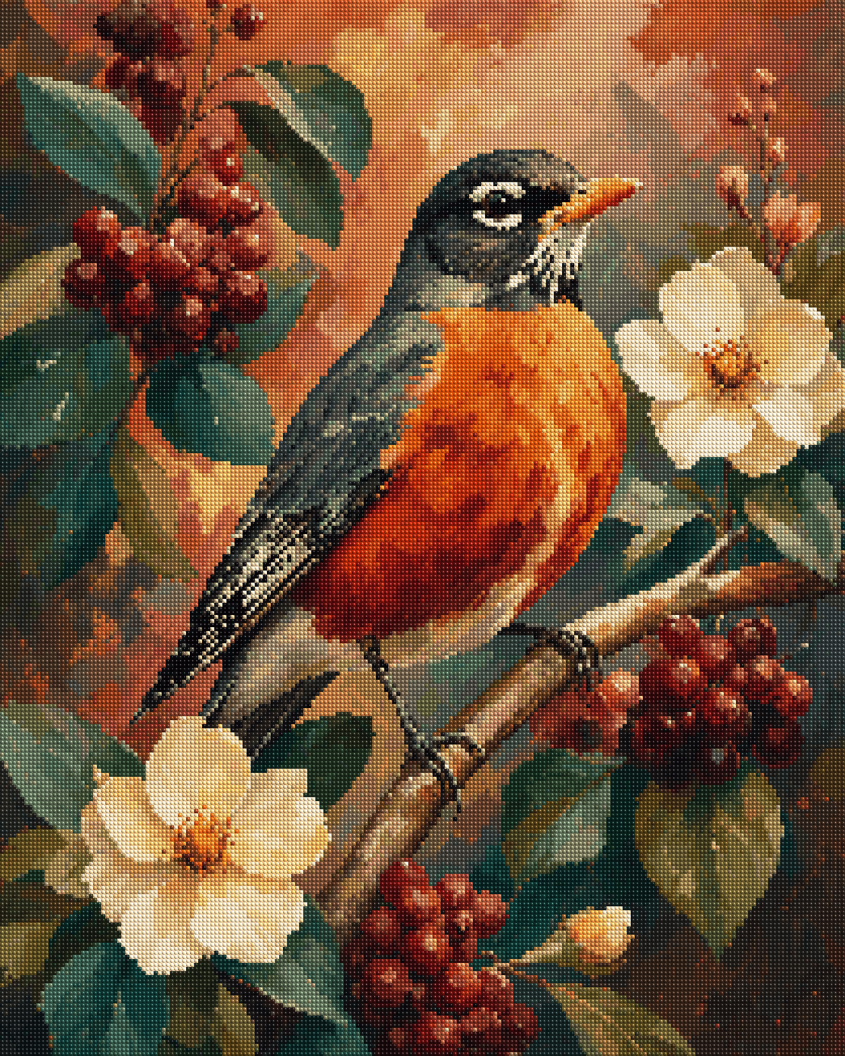 Robin Among Burgundy Blossoms diamond painting effect