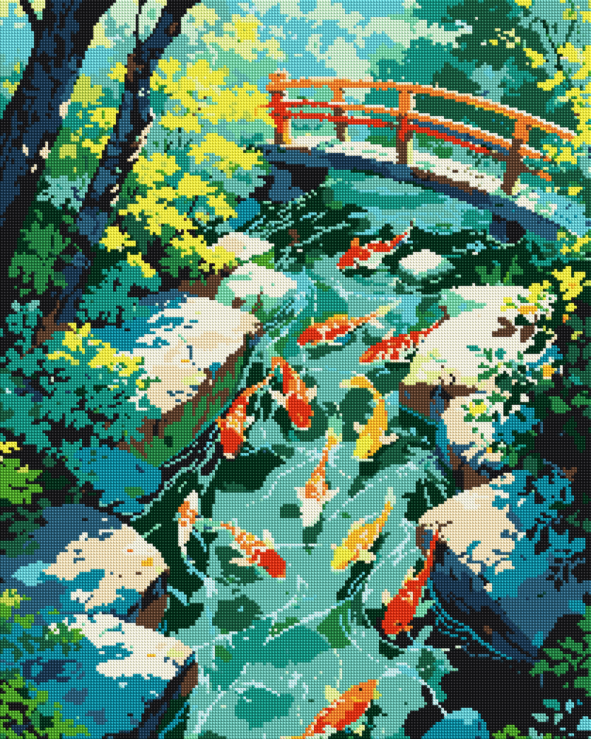 Koi Pond Garden with Arched Bridge diamond painting effect