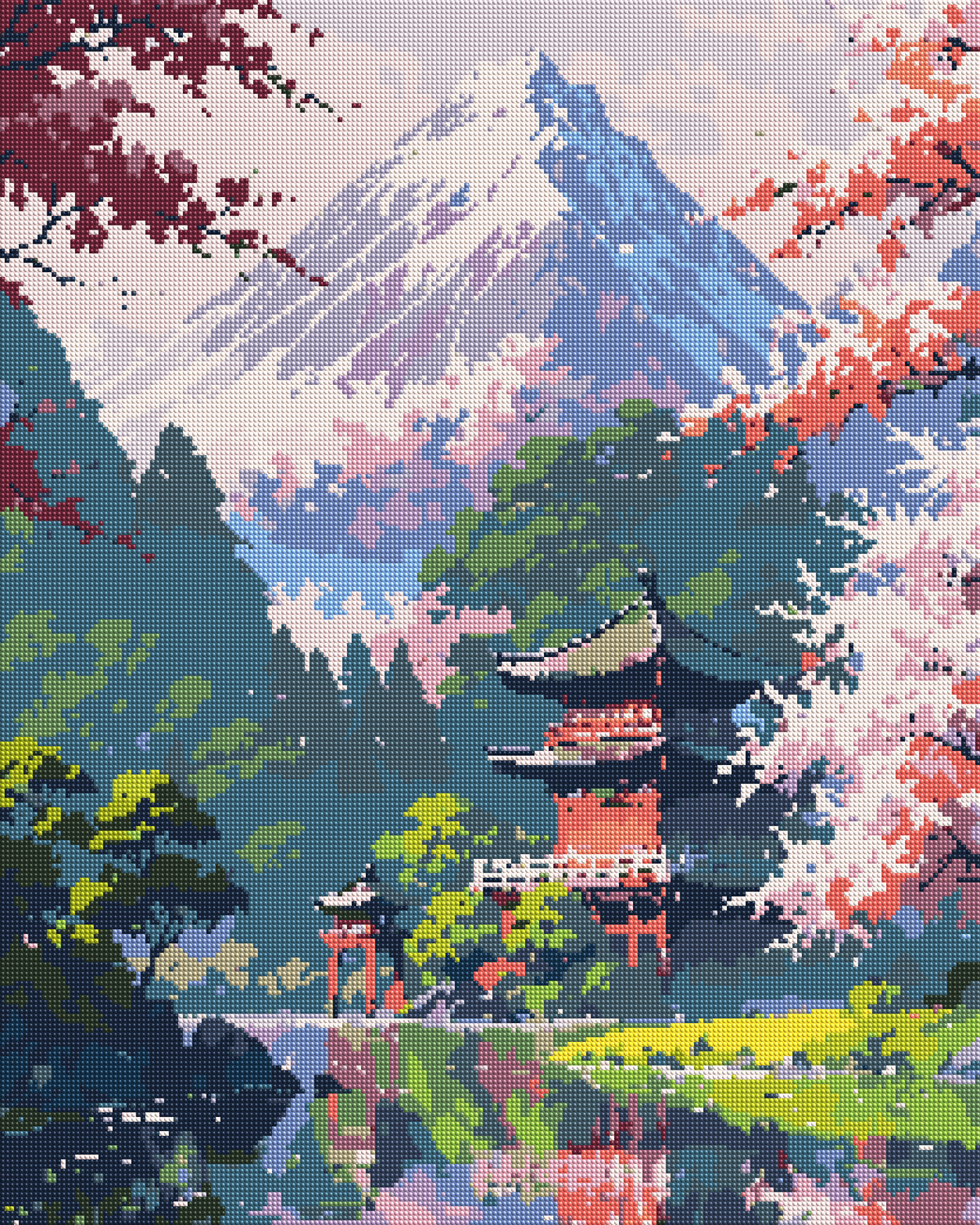 Cherry Blossom Mountain Shrine diamond painting effect