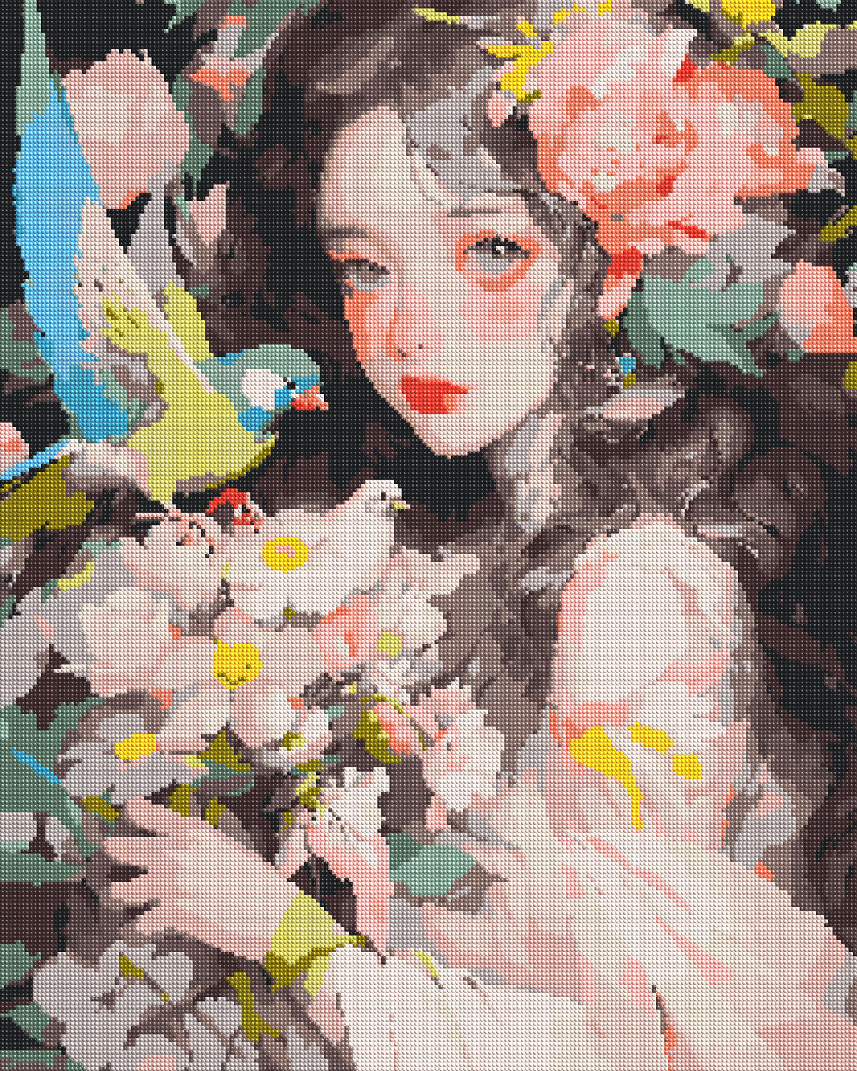 Floral Woman with Colorful Birds diamond painting effect