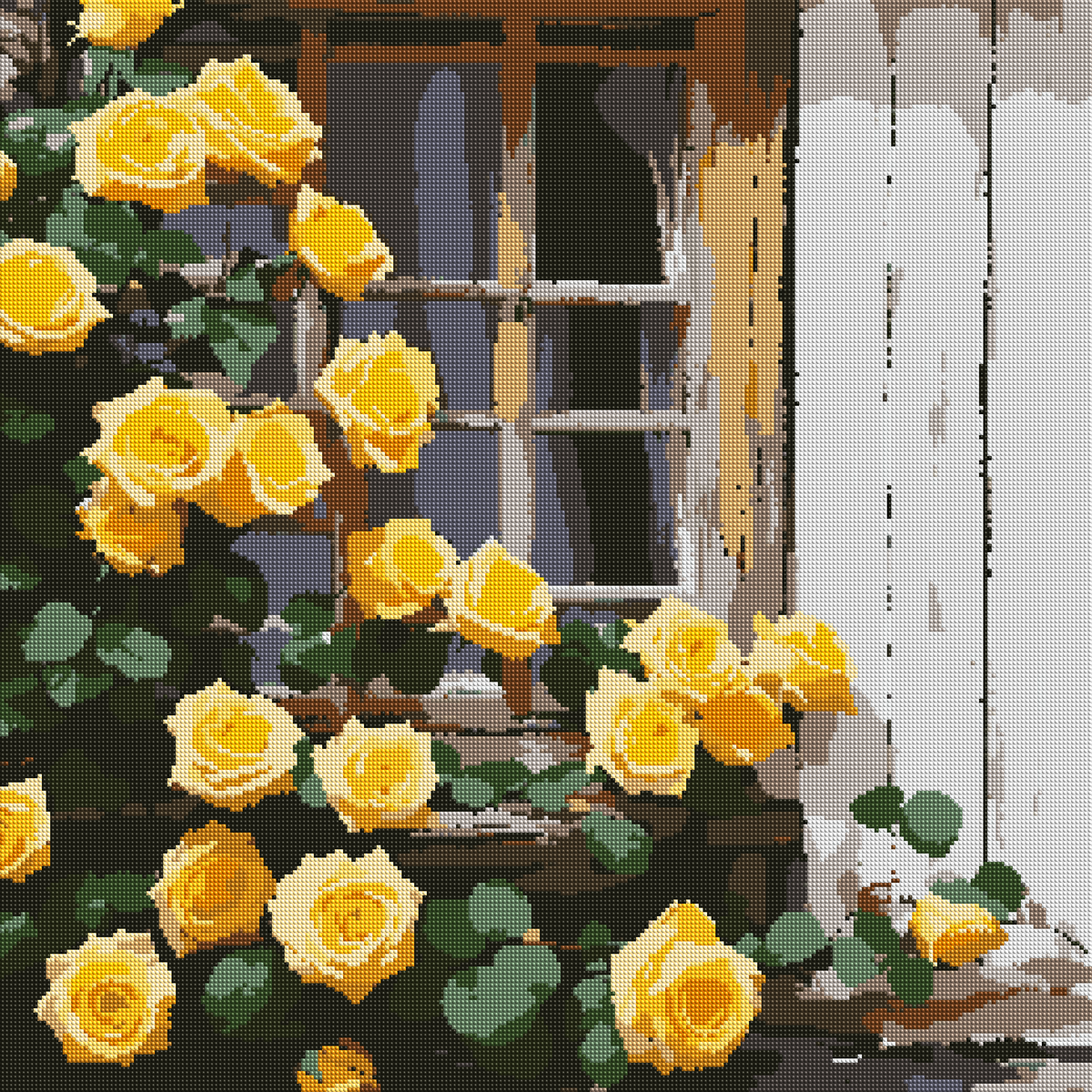 Golden Roses by a Rustic Window diamond painting effect