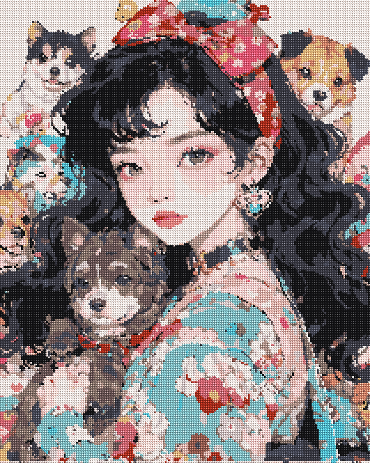 Woman Surrounded by Puppies diamond painting effect