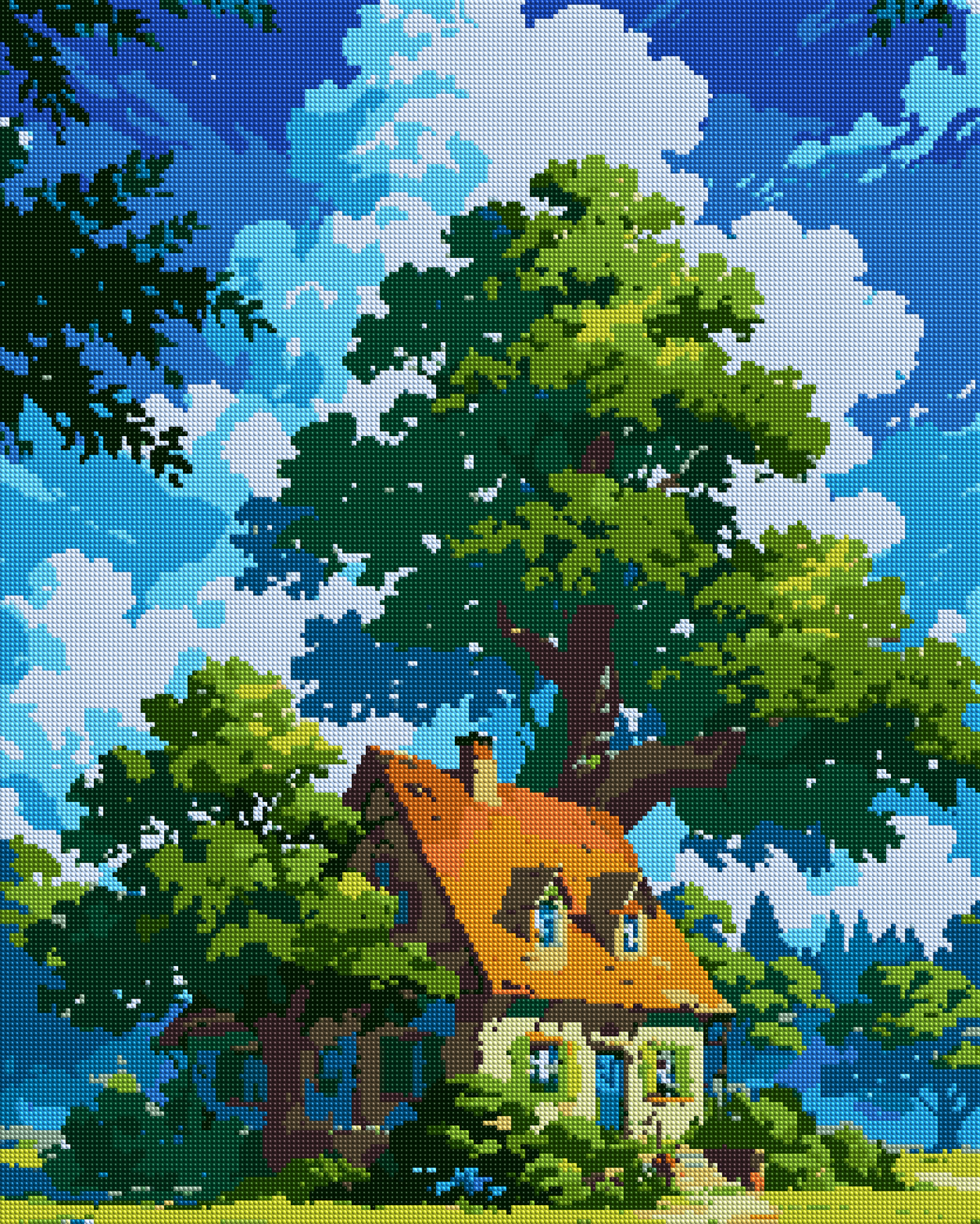 Woodland Cottage Under Blue Skies diamond painting effect