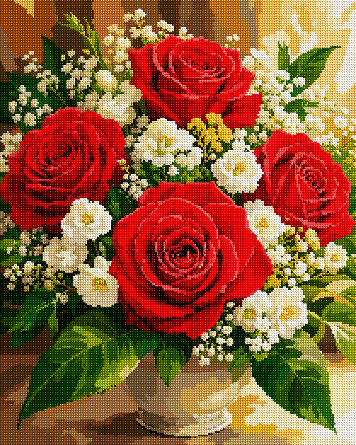 Red Roses & White Flowers diamond painting effect