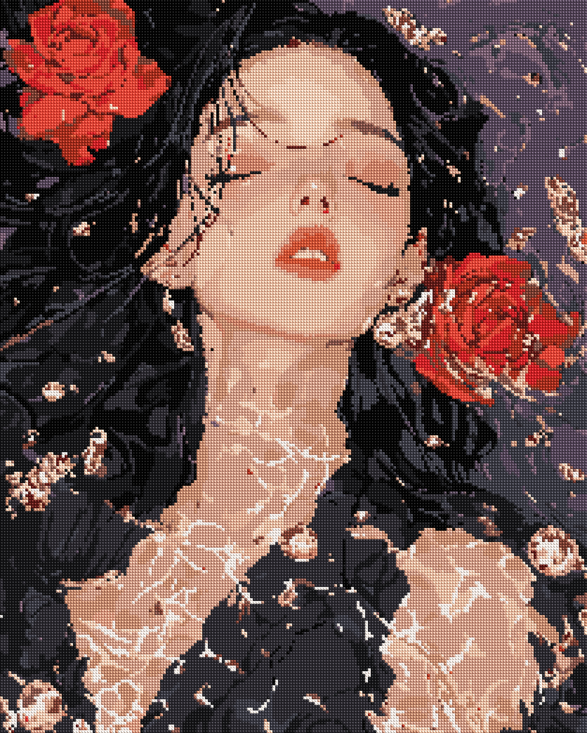 Rose-Embellished Woman Portrait diamond painting effect