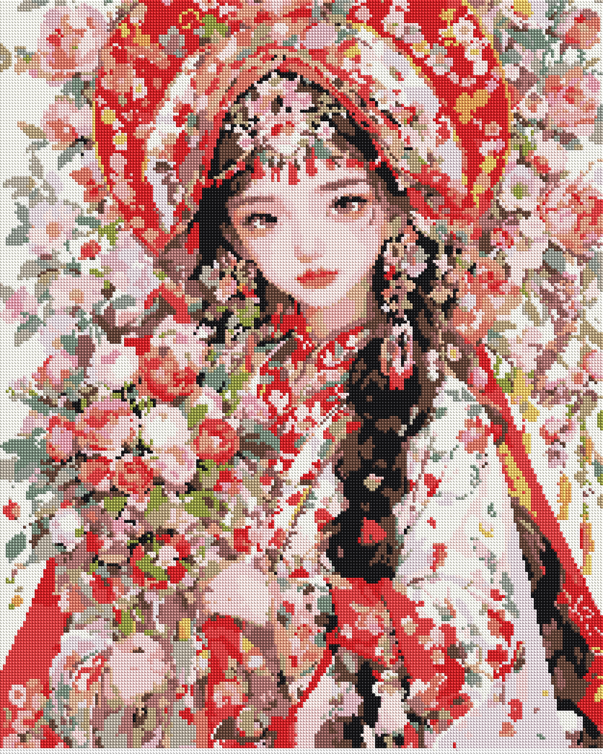 Woman in a Crimson Floral Headdress diamond painting effect