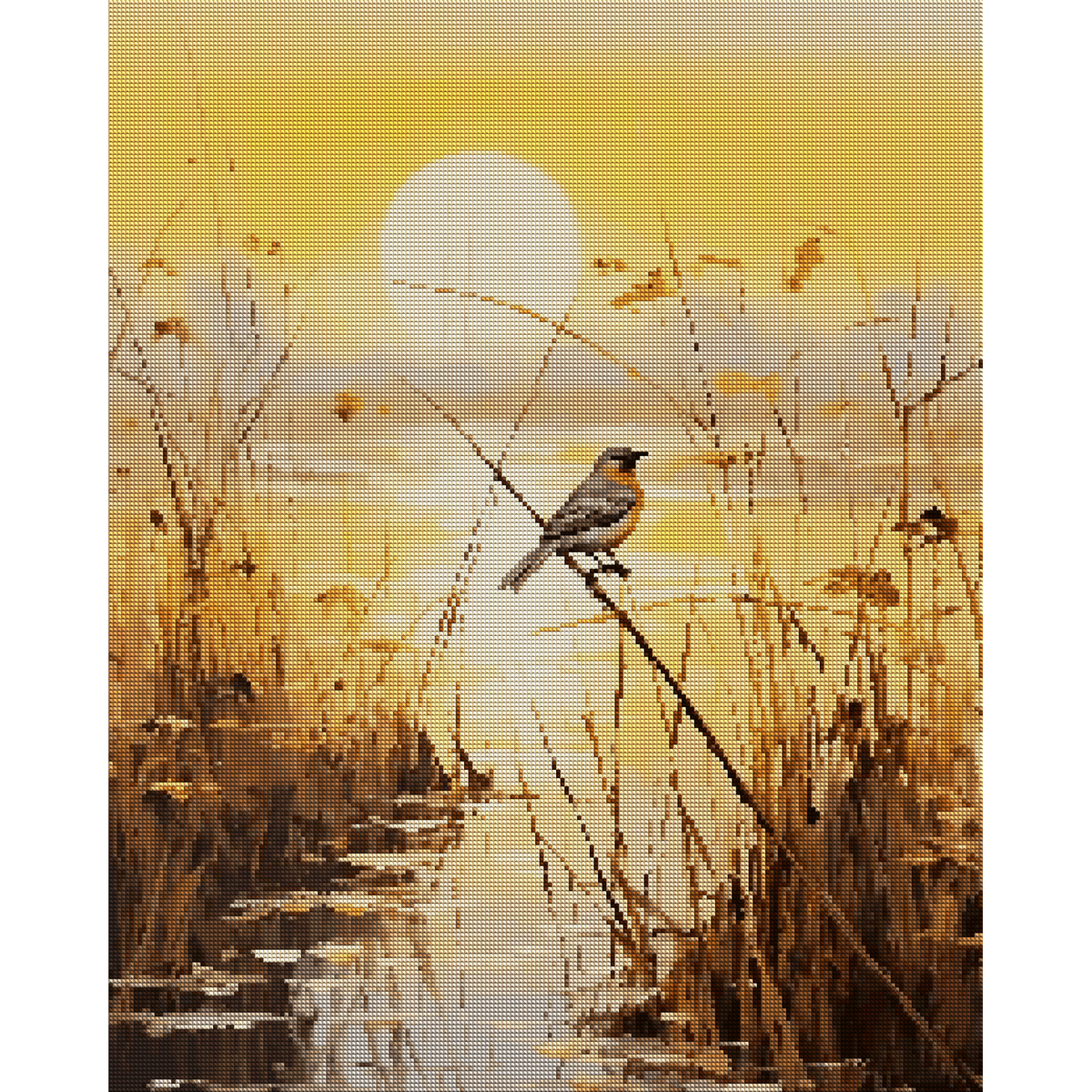 Songbird perched on a reed above reflective marsh water with tall grasses and a glowing sunset — 04_diamond_render
