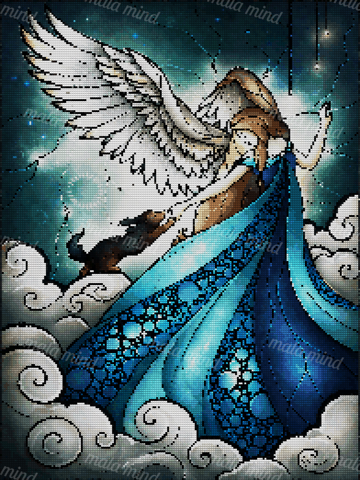 Stained-glass angel in a blue dress reaching toward a small dog among clouds and stars — 04_diamond_render