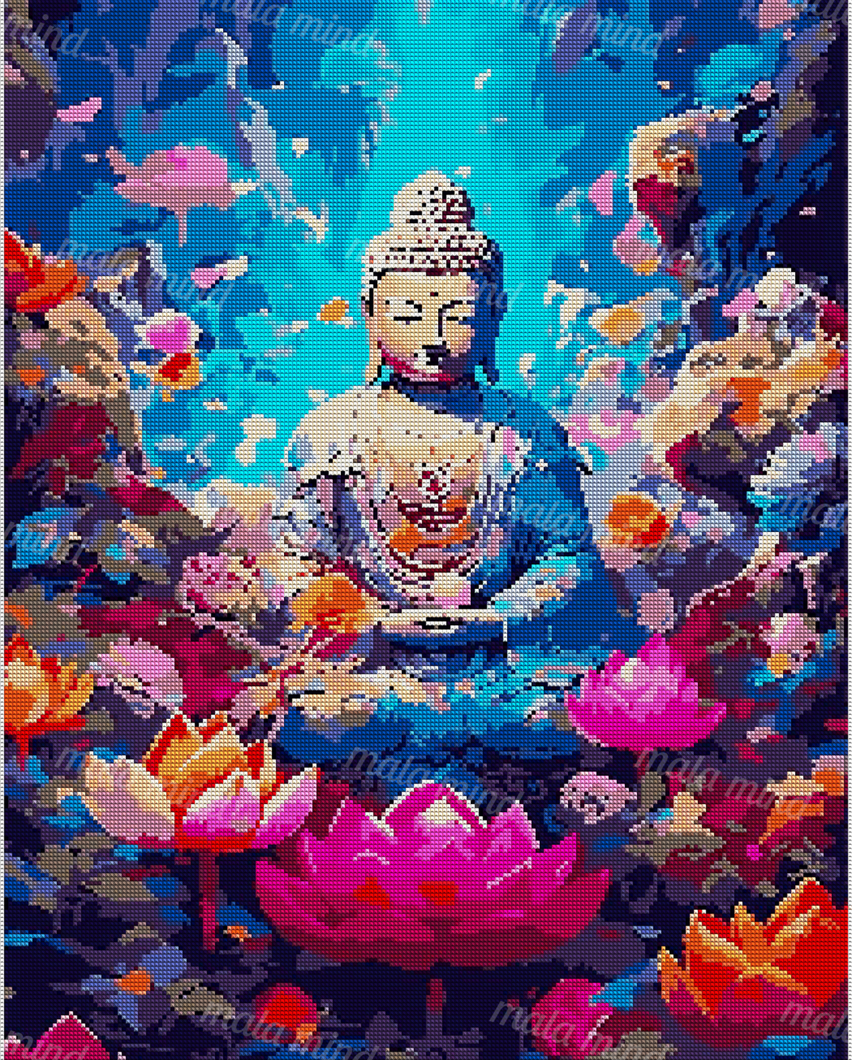 Colorful seated Buddha meditating among pink and orange lotus flowers in a blue pond — 04_diamond_render