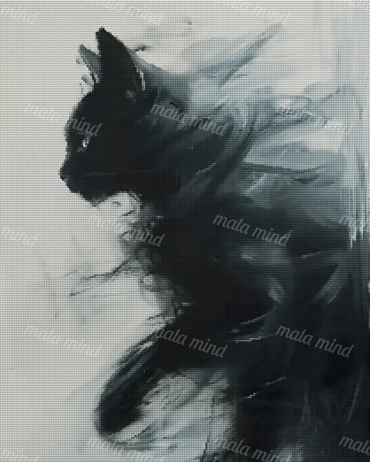 Painterly black cat in profile with flowing fur against a pale, vertically textured background. — 04_diamond_render