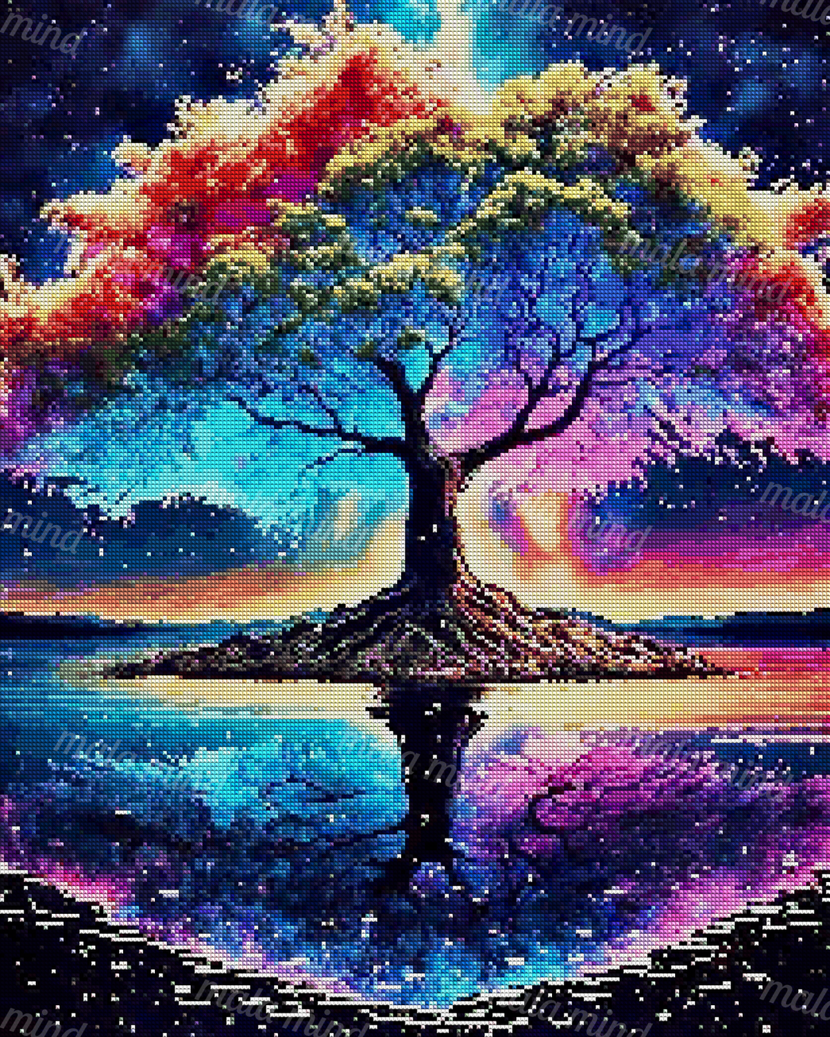 Colorful flowering tree on a small island reflected in a starry lake — 04_diamond_render