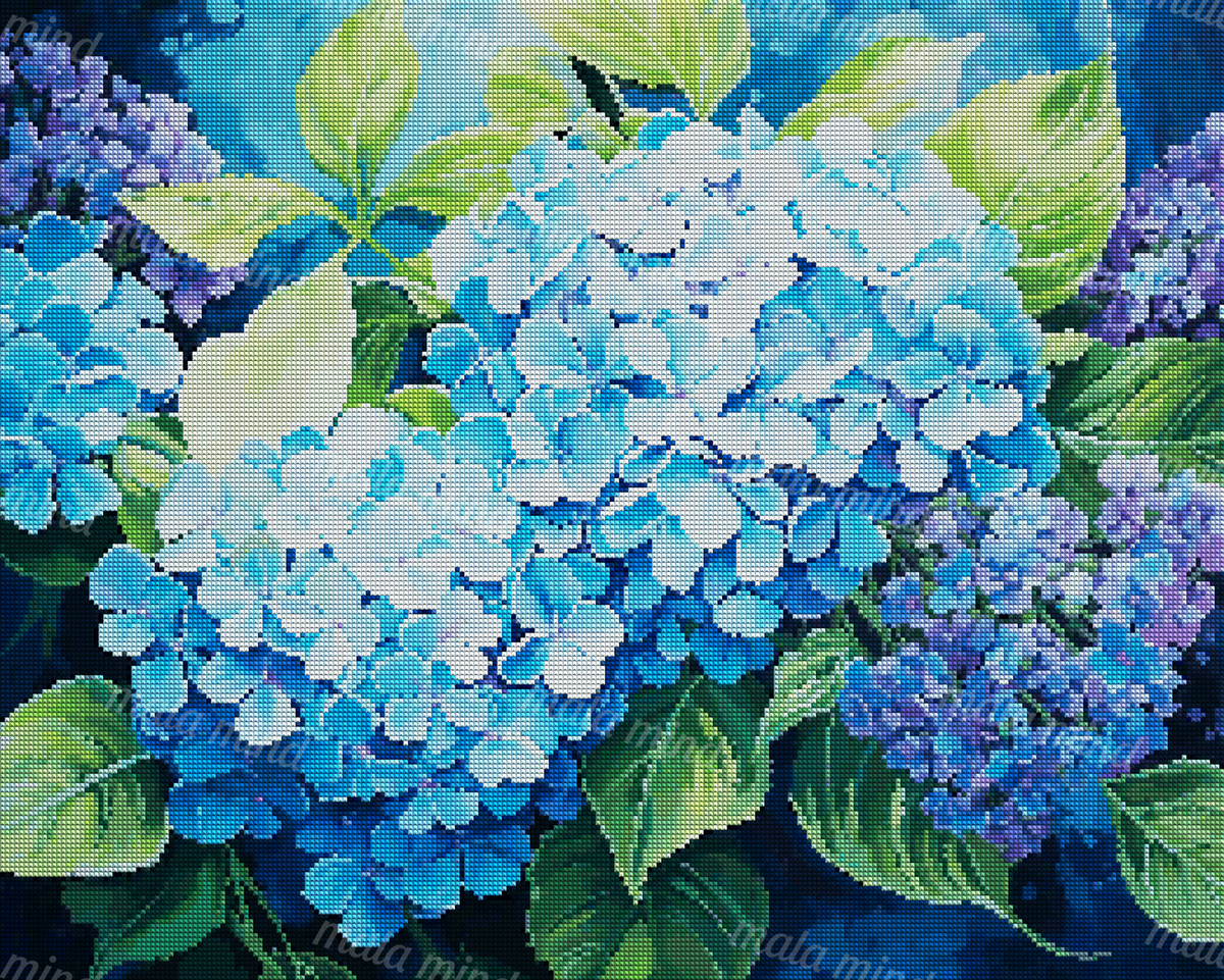 Painterly blue hydrangea clusters with purple blossoms and bright green leaves — 04_diamond_render